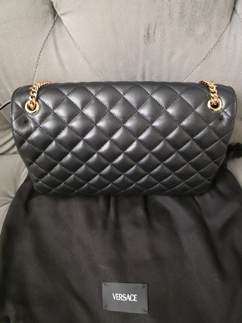 Versace Black Quilted Shoulder Bag with Gold Chain
